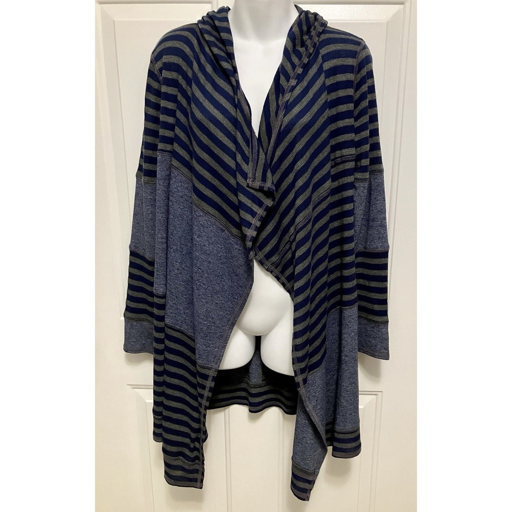 Allen Allen Women's Hoodie Open Blue Gray Striped Cardigan‎ Sweater Size Small